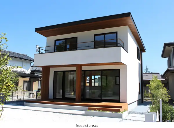 Modern White Two Story House With Balcony And Wooden Deck