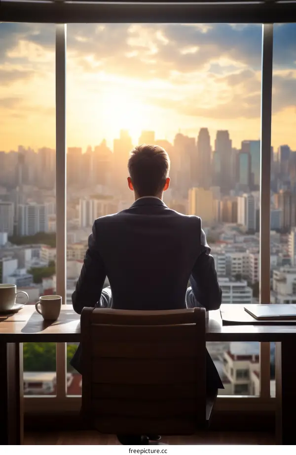 Businessman looking at the cityscape from his office window