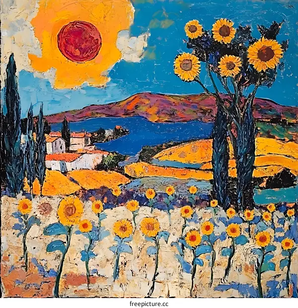 Sunflowers in a Landscape with a Large Sun