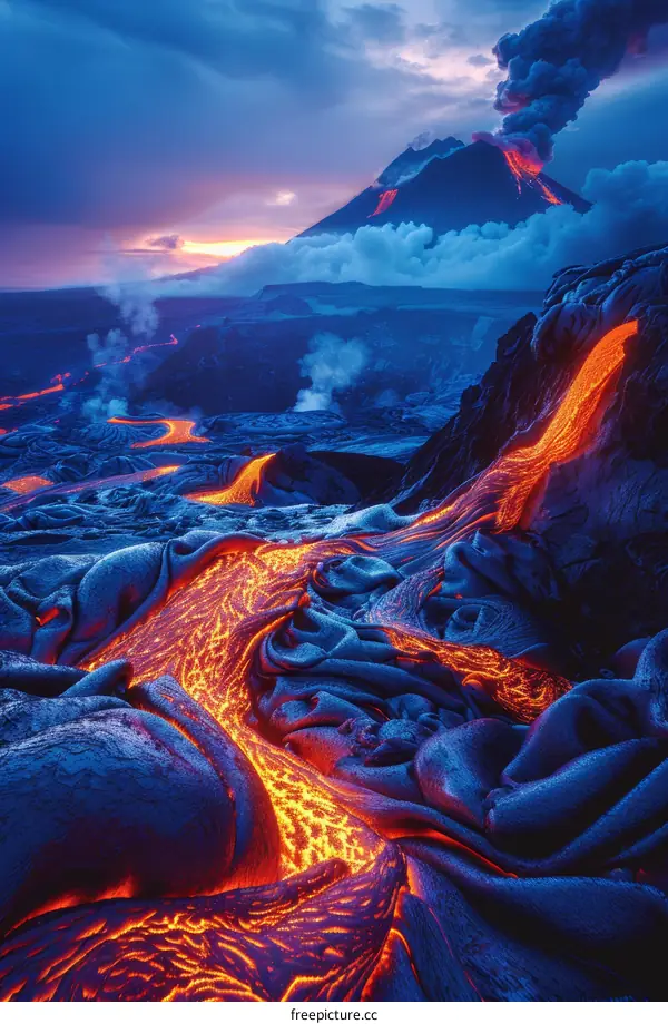 Lava Flowing Downside Of Volcano Mountain During Eruption With Night Sky