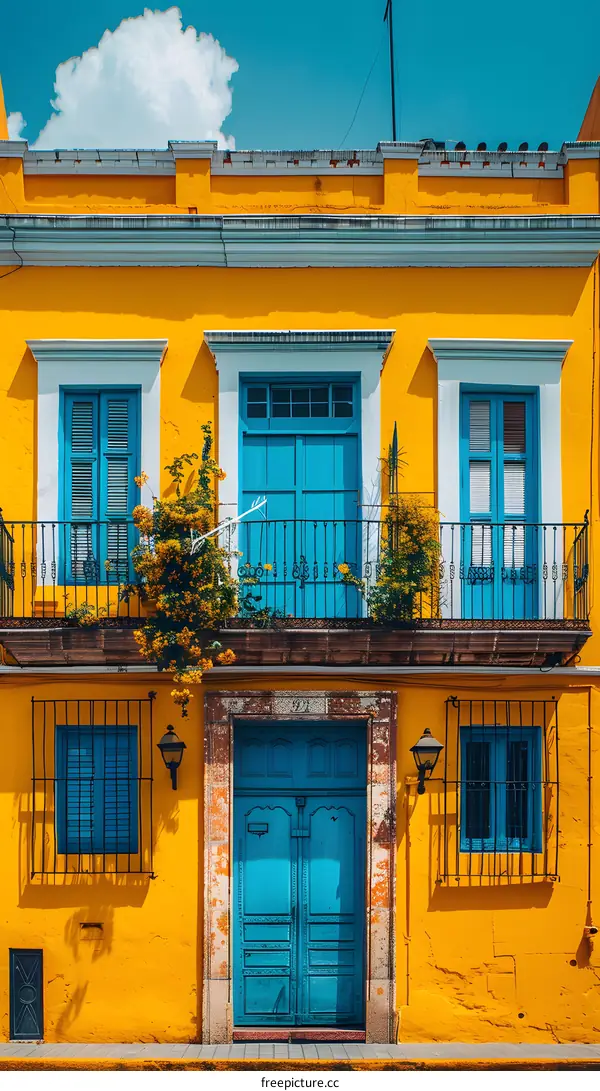 Blue doors and windows in a yellow building