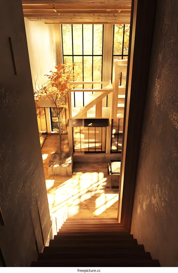Modern Wooden Staircase Interior Design with Window View