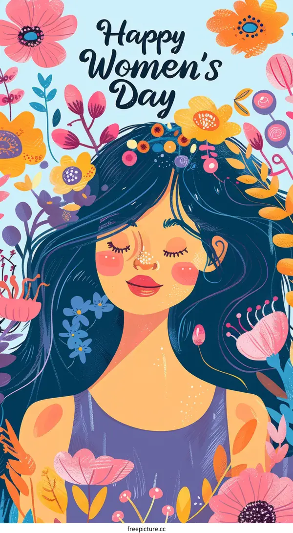 Happy Women's Day Illustration of a Woman with Flowers in Her Hair