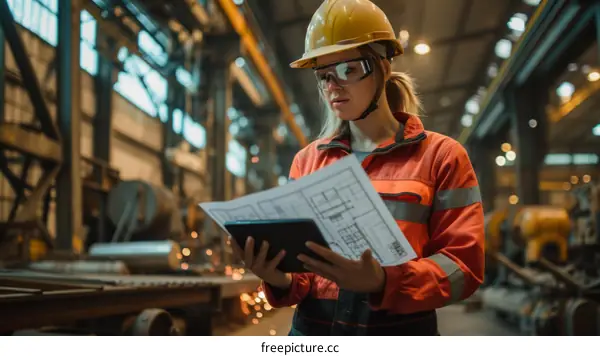 Female engineer wearing hardhat and safety glasses reviews building plans in industrial setting