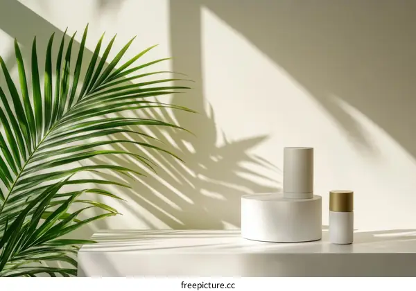 Modern Minimalist Cosmetic Display with Palm Leaf Shadow