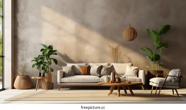 Modern living room interior with sofa, coffee table, plants and decorations