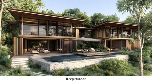 Modern Wooden House With Swimming Pool In Tropical Forest