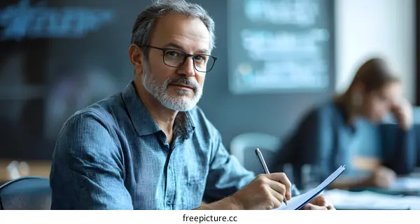 Serious Caucasian Man Taking Notes In Office
