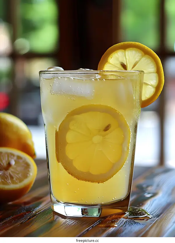 Closeup of Glass with Lemonade and Lemon Slices