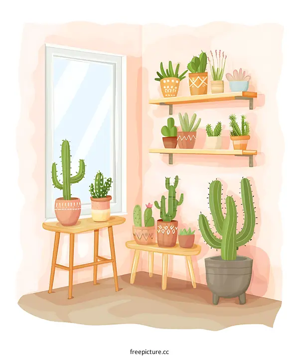 Cactus Plants In Corner Room With Window