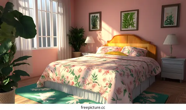 Bedroom Interior Design with Floral Bedding and Green Plants