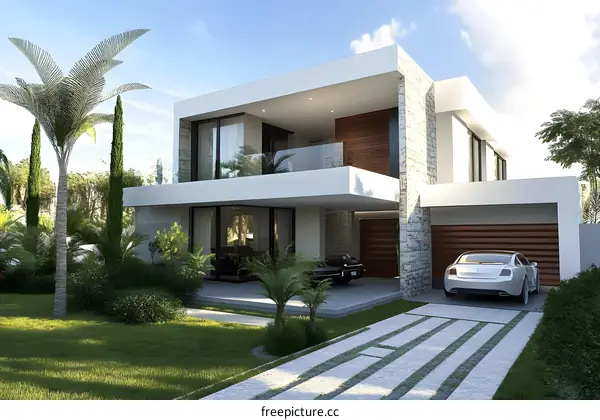 Modern House with Stone Facade and Palm Trees