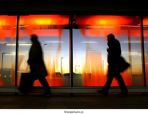 Silhouettes of Two People Walking in Front of an Orange Window