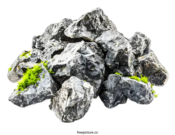 [Transparent Background PNG]Pile of Grey Rocks with Green Moss Isolated on White Background