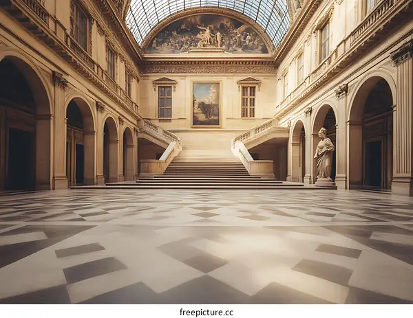 Grand Staircase in a Classic French Building with a Geometric Marble Floor