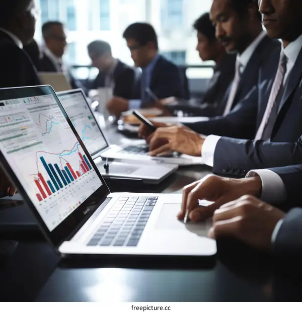 Business professionals in a meeting discussing financial data and using laptop computers