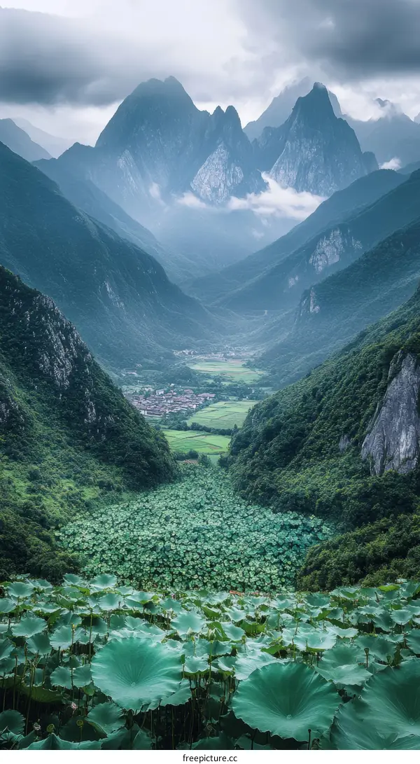 Majestic Mountain Valley with Lotus Pond