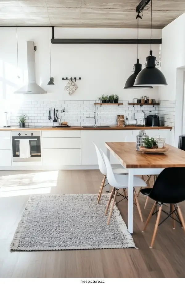 Modern White Kitchen Dining Area with Light Gray Rug