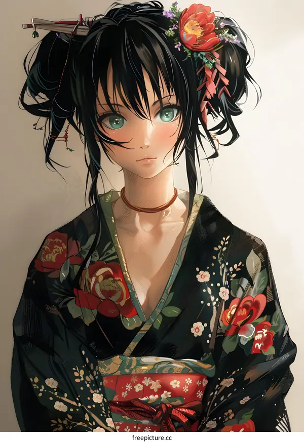 An anime-style illustration of a woman in a kimono with green eyes and black hair wearing a red and white flower hairpiece