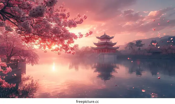 Oriental Temple and Cherry Blossoms by the Lake