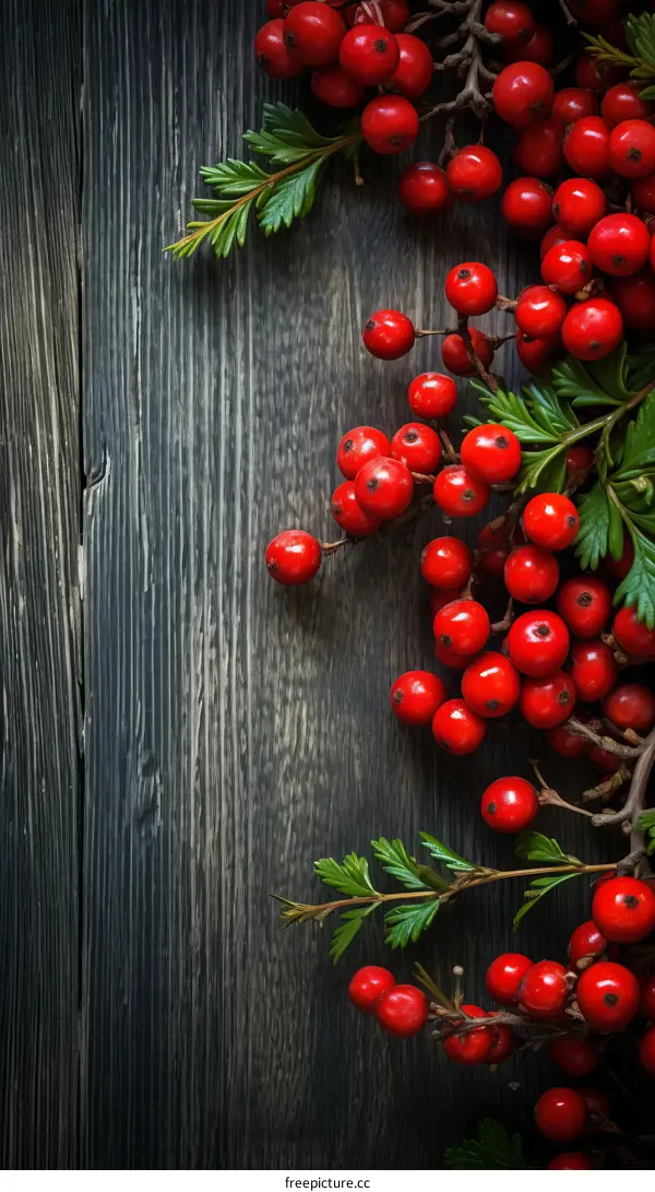 Red Berries with Green Leaves on Wood