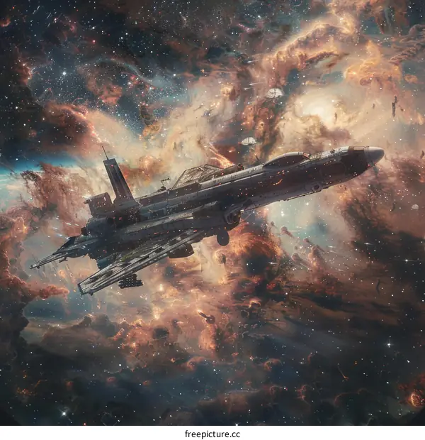 A spaceship is flying in the nebula.