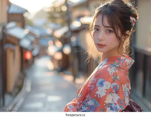 Asian Girl in Traditional Japanese Kimono in a Japanese Town