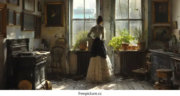 A Woman in a Long Dress Stands in an Abandoned Room, Looking Out the Window