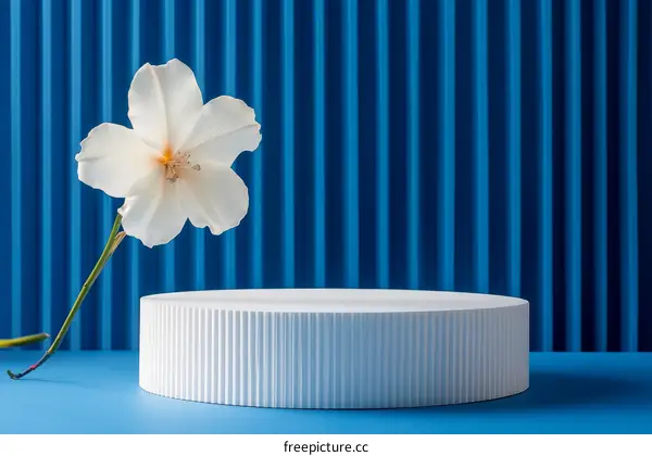 Floral Display on a White Pedestal Against a Blue Background