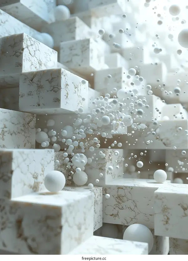 Abstract Geometric Marble Structure with Floating Spheres