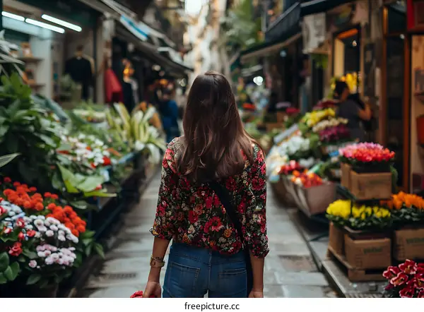 Woman Walking Through a Floral Market in Italy