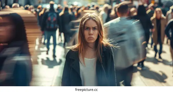 A young woman looking stressed in a busy city street