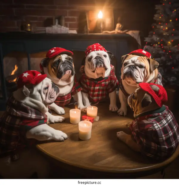 Bulldogs in Christmas Pajamas Gather Around a Festive Table