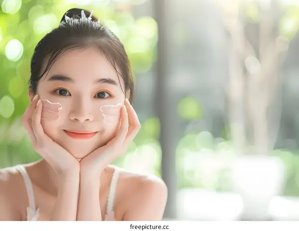Young Asian Woman Applying Facial Cream with Green Background