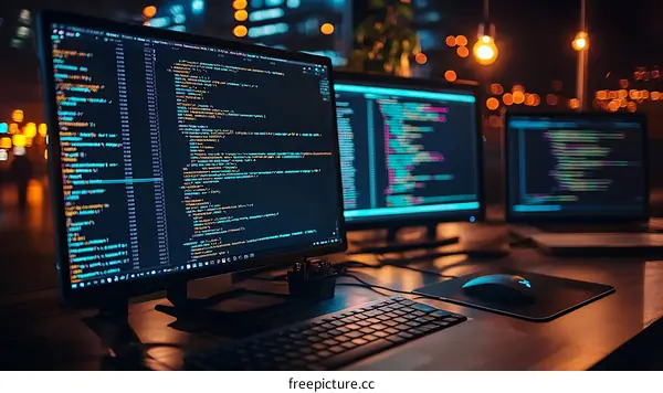 Nighttime Coding Session at a Desk with Multiple Monitors