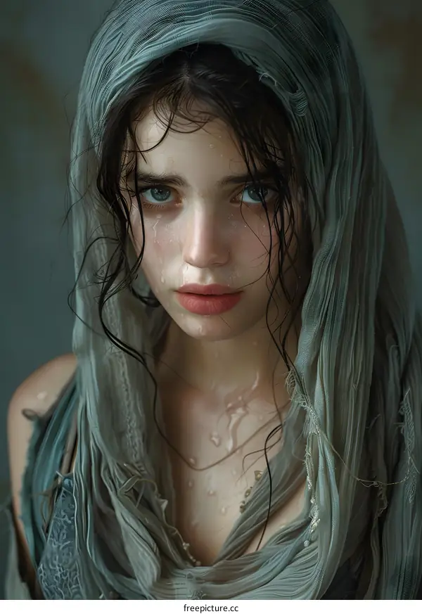 Portrait of a beautiful young woman with wet hair and a scarf on her head