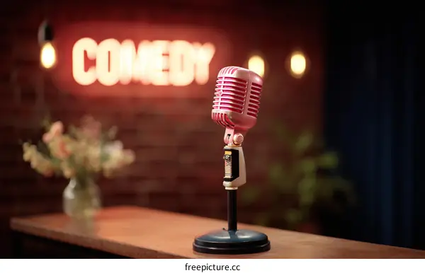 Pink Retro Microphone in a Comedy Club