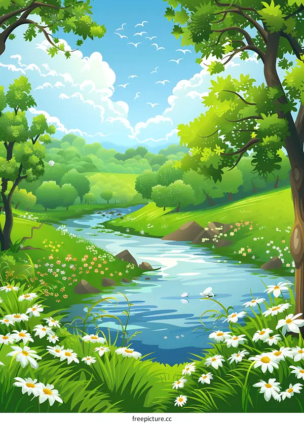 Beautiful River with Green Trees and Blue Sky