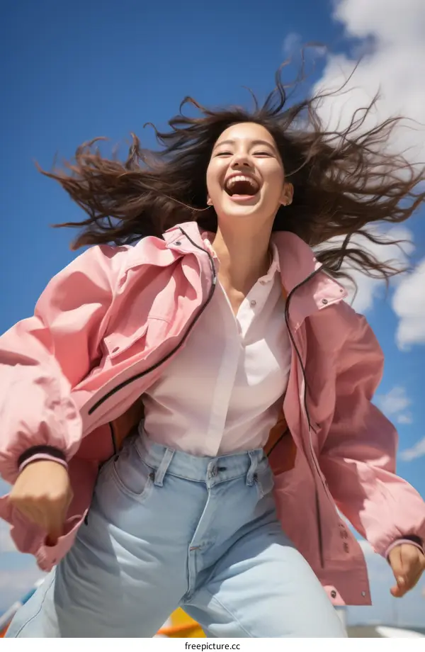 Laughing woman in a pink jacket