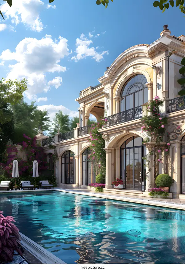 A luxurious mansion with a swimming pool and beautiful flowers