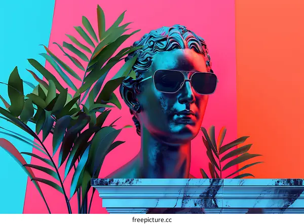 Statue Wearing Sunglasses with Tropical Plants in Neon Light