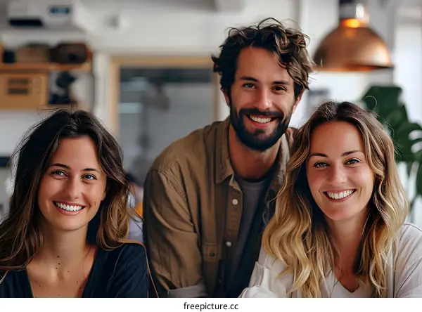 Three young professionals smiling and posing for a photo in a modern office.