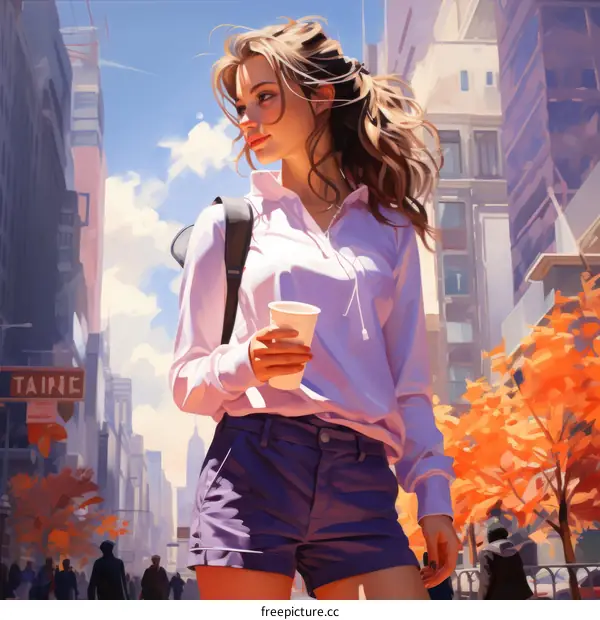 A young woman is walking down a city street on a sunny day