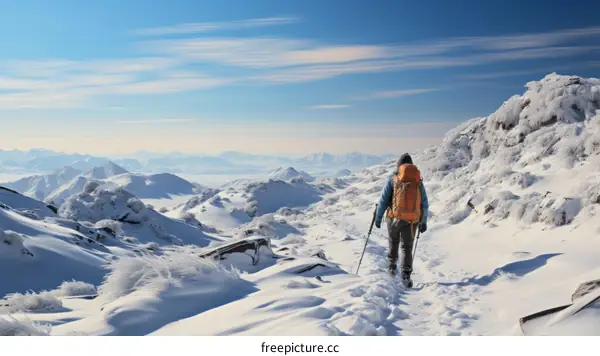 Solitary Hiker on a Snowy Mountain Trek