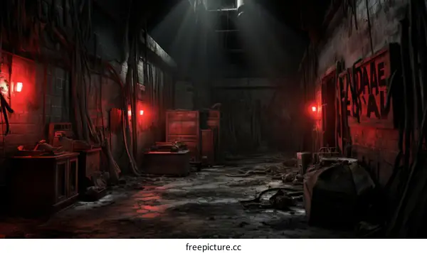 A dark and eerie hallway with red lights