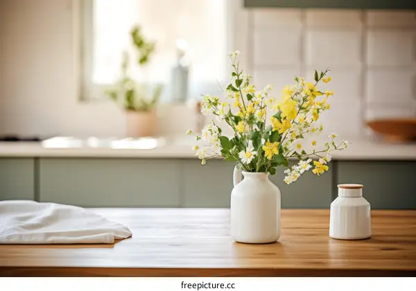 A beautiful bouquet of yellow and white flowers sits on a wooden table.