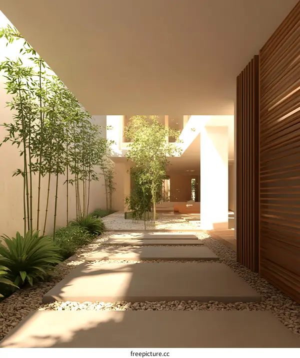 Modern Minimalist Courtyard with Stone Pathway and Bamboo Plants