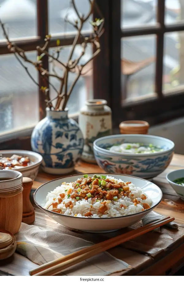A bowl of rice with minced pork and green onions