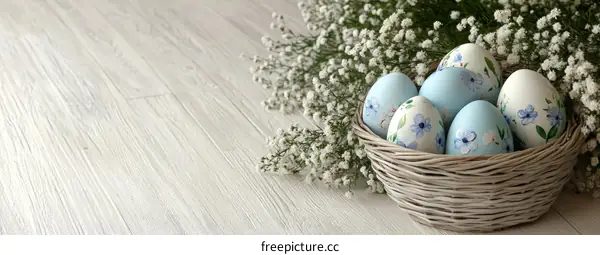 Easter Eggs in a Basket on a Wooden Table