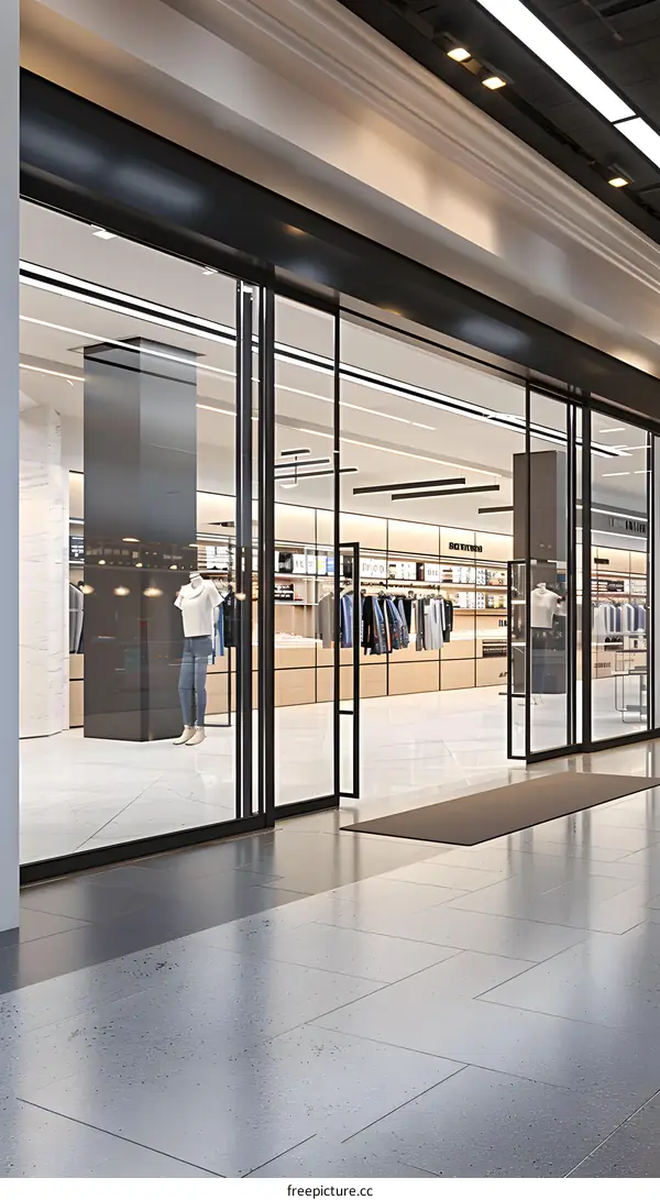 Modern Store Front with Glass Doors and Mannequin Displaying Clothing